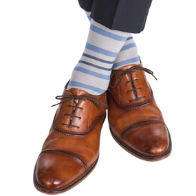 Ash with Azure Blue and Indigo Blue Double Stripe Cotton Sock Linked Toe Mid-Calf