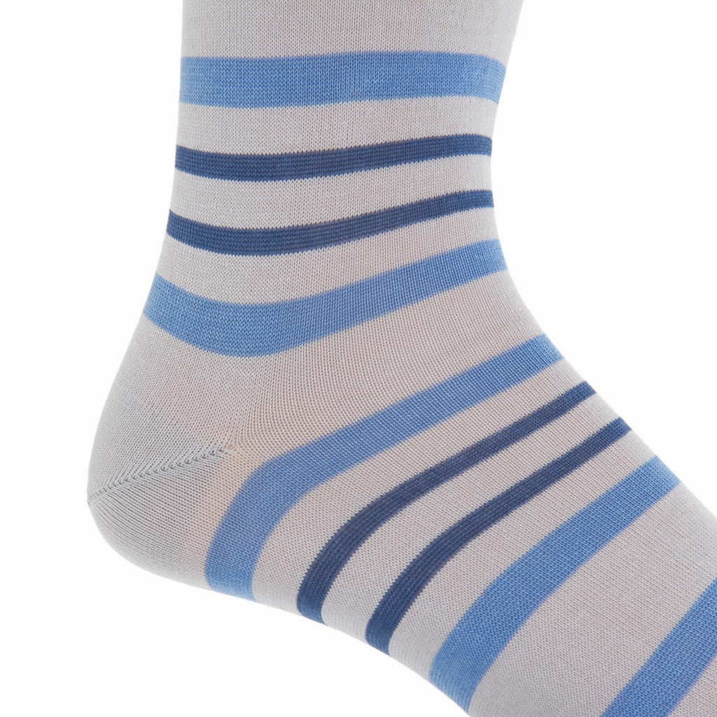 Ash with Azure Blue and Indigo Blue Double Stripe Cotton Sock Linked Toe Mid-Calf