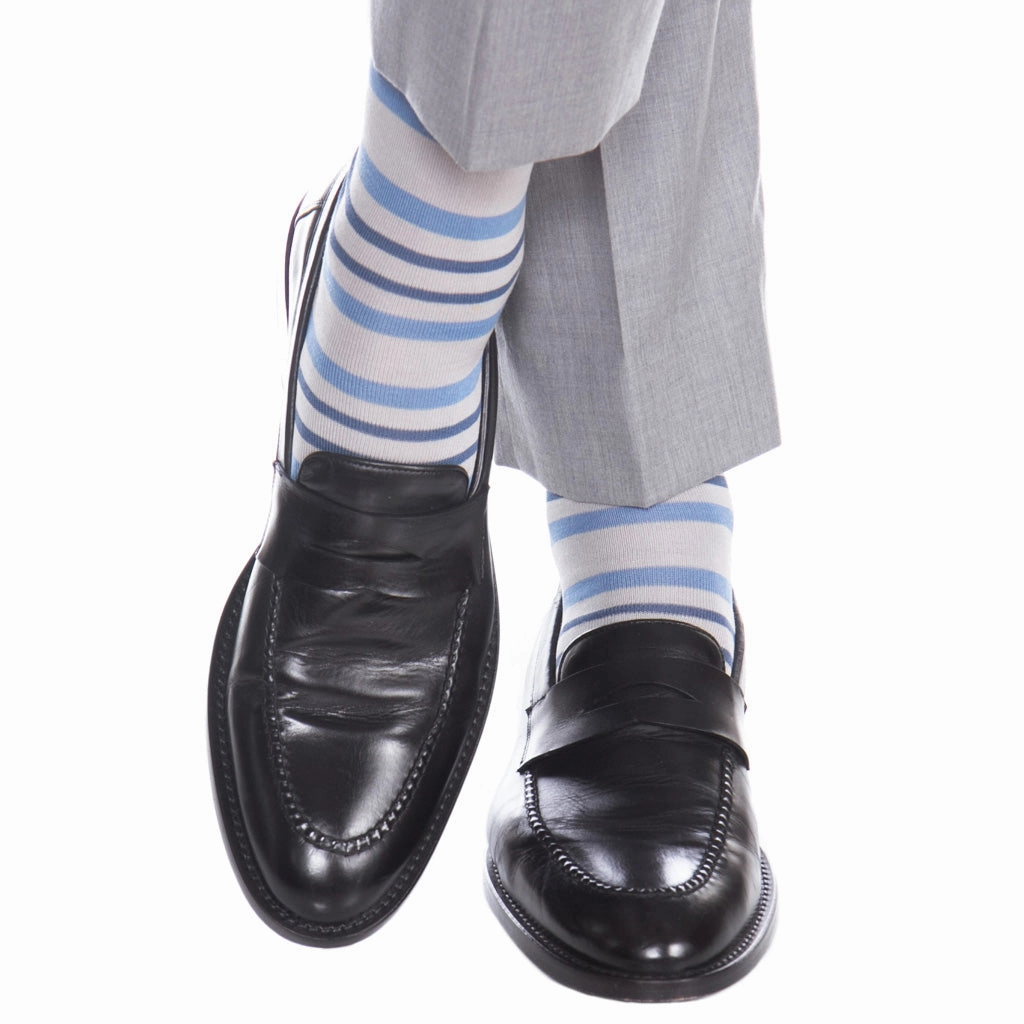 Ash with Azure Blue and Indigo Blue Double Stripe Cotton Sock Linked Toe Mid-Calf