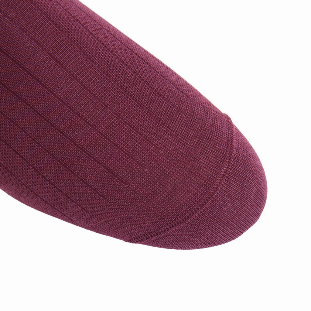 Burgundy Solid Ribbed Fine Merino Wool Sock Linked Toe Mid-Calf