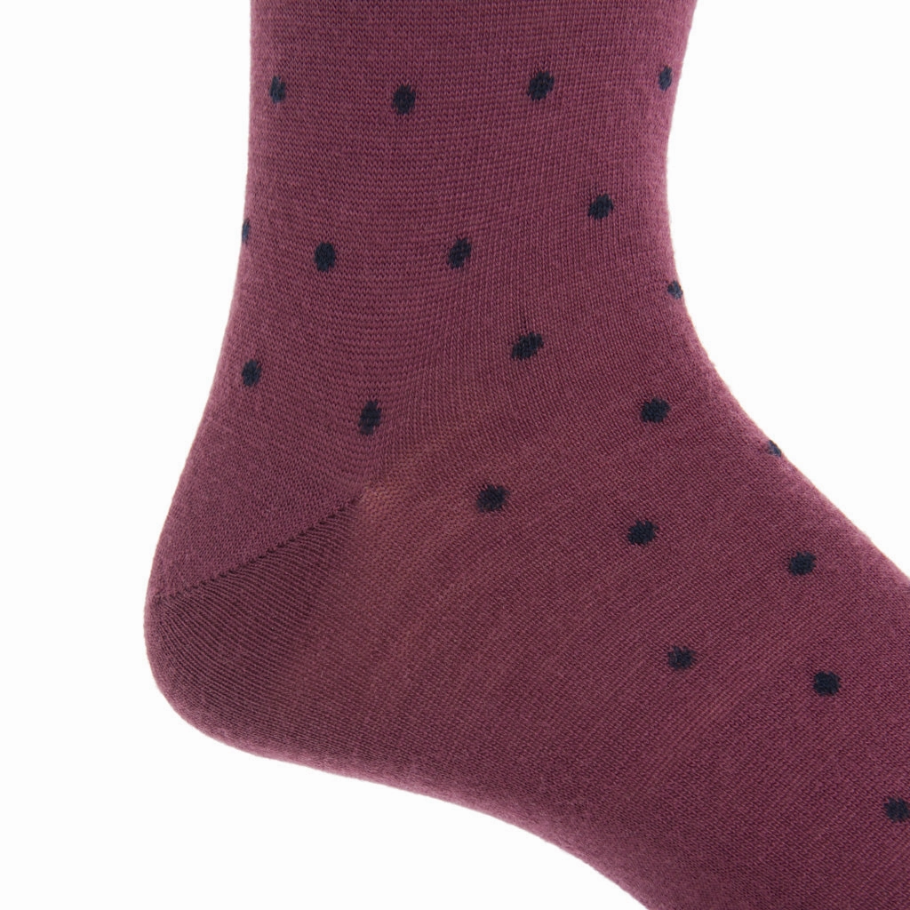 Burgundy with Navy Dot Fine Merino Wool Sock Linked Toe Mid-Calf