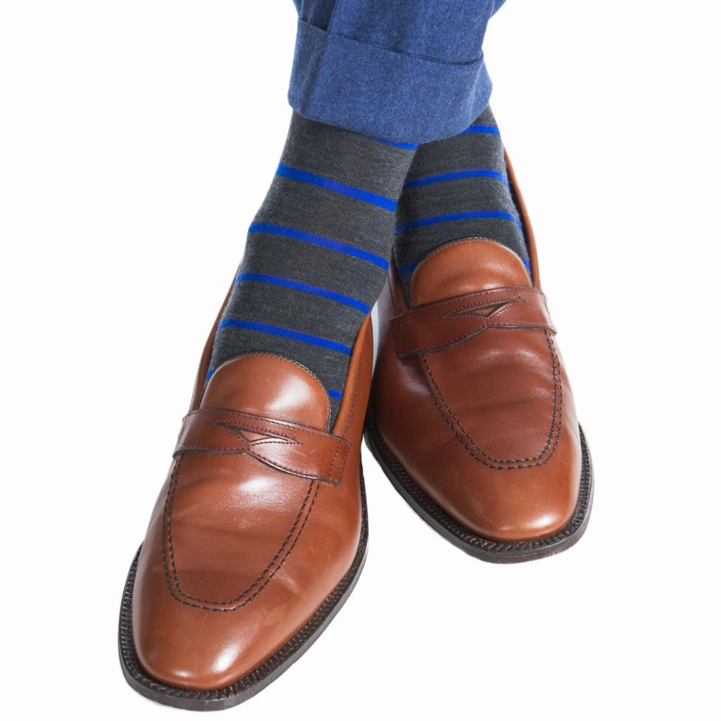 Charcoal with Cobalt Blue Stripe Fine Merino Wool Sock Linked Toe OTC
