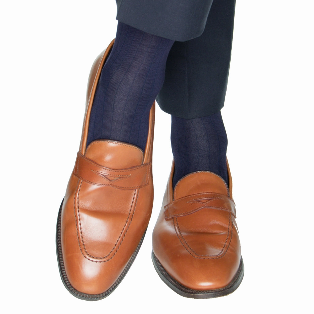 Classic Navy Solid Ribbed Cotton Sock Linked Toe OTC