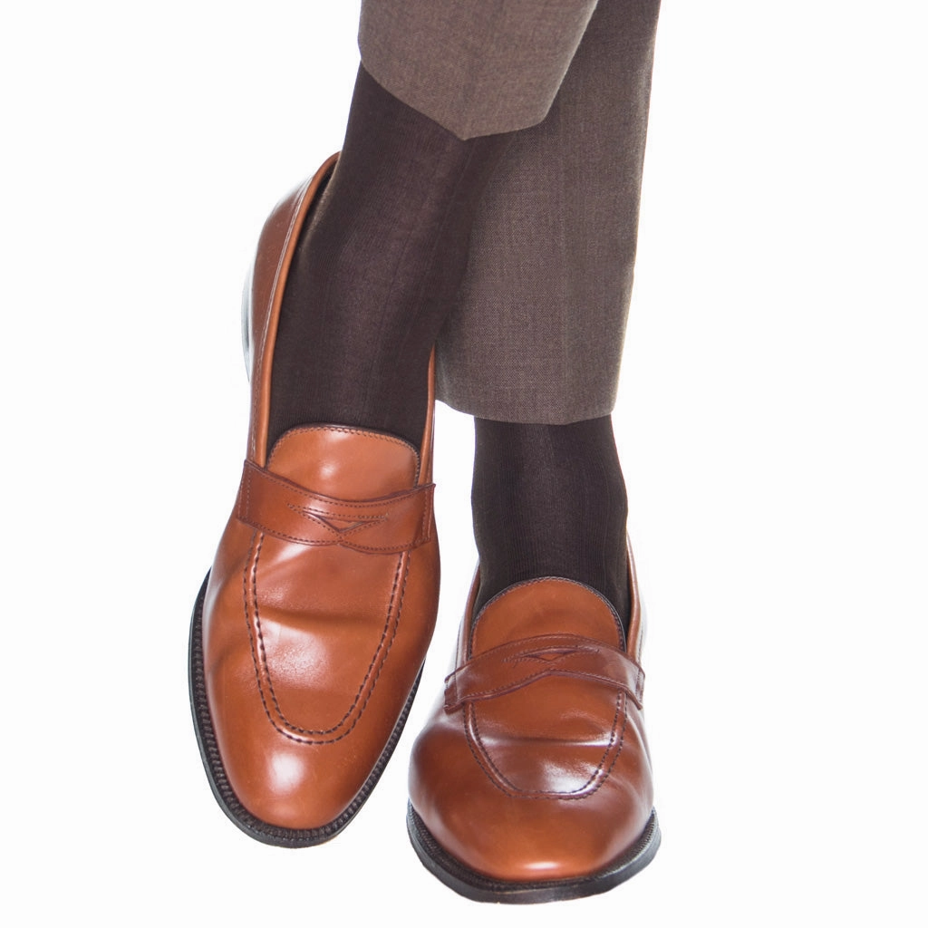 Coffee Brown Solid Ribbed Cotton Sock Linked Toe Mid-Calf