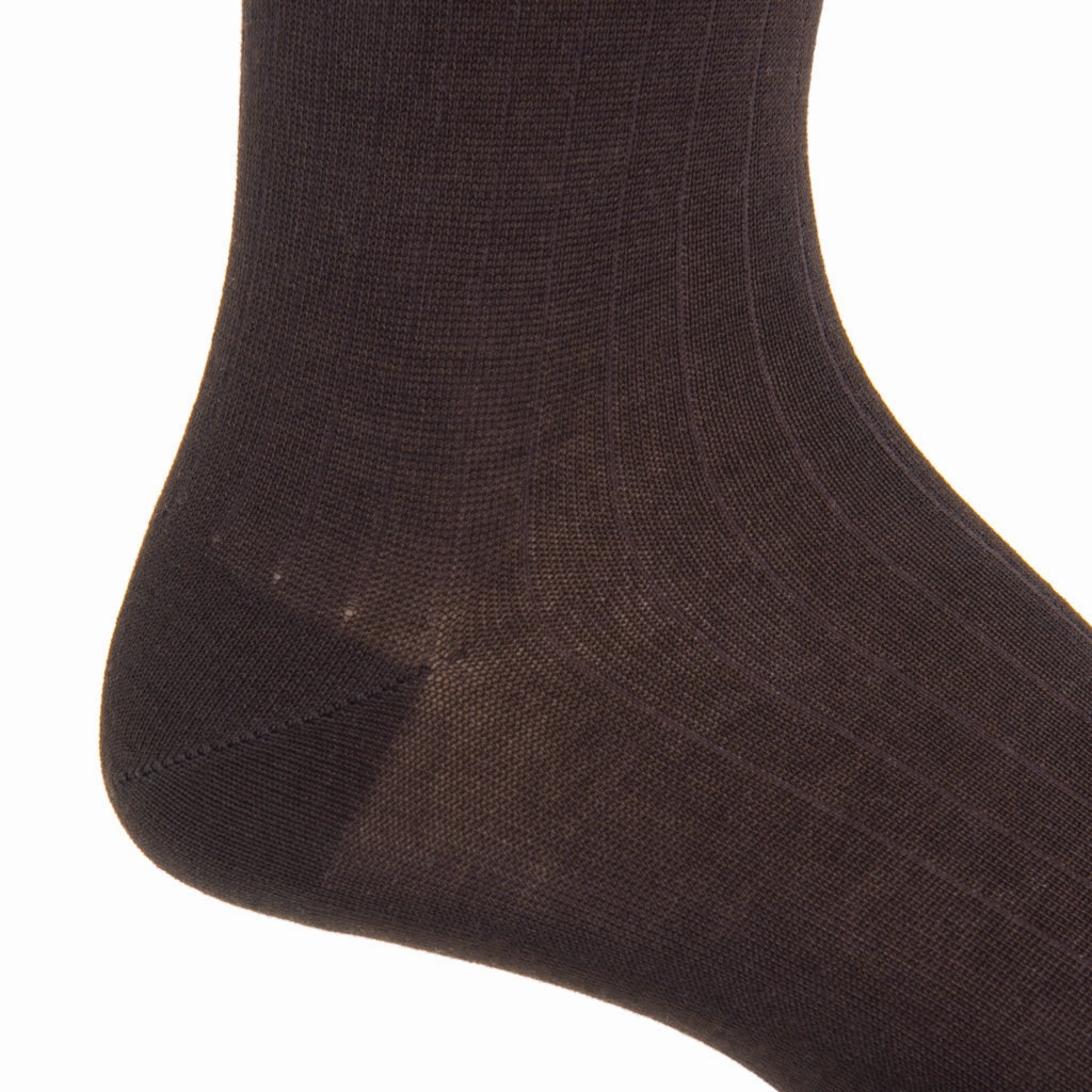 Coffee Brown Solid Ribbed Cotton Sock Linked Toe Mid-Calf