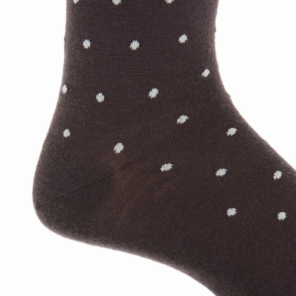 Coffee Brown with Tan Polka Dot Sock Fine Merino Wool Linked Toe Mid-Calf
