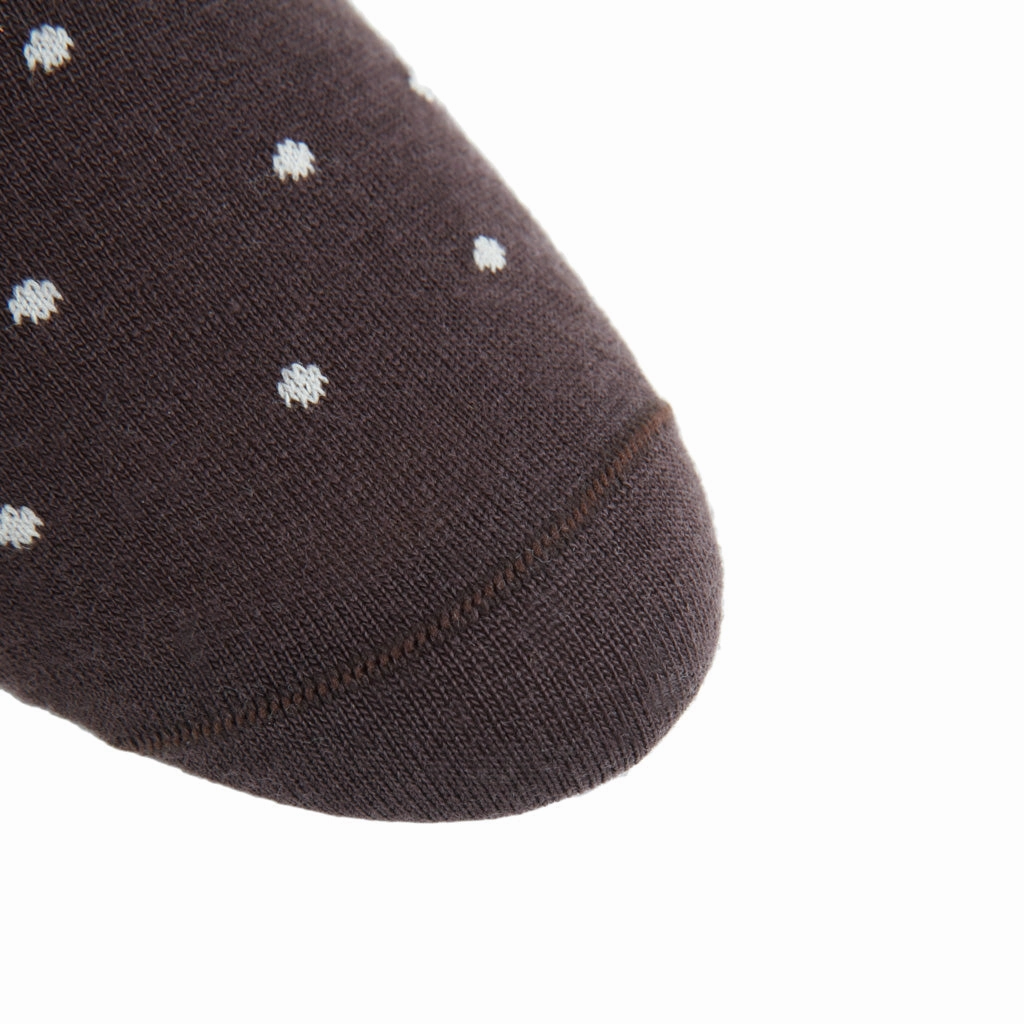 Coffee Brown with Tan Polka Dot Sock Fine Merino Wool Linked Toe Mid-Calf
