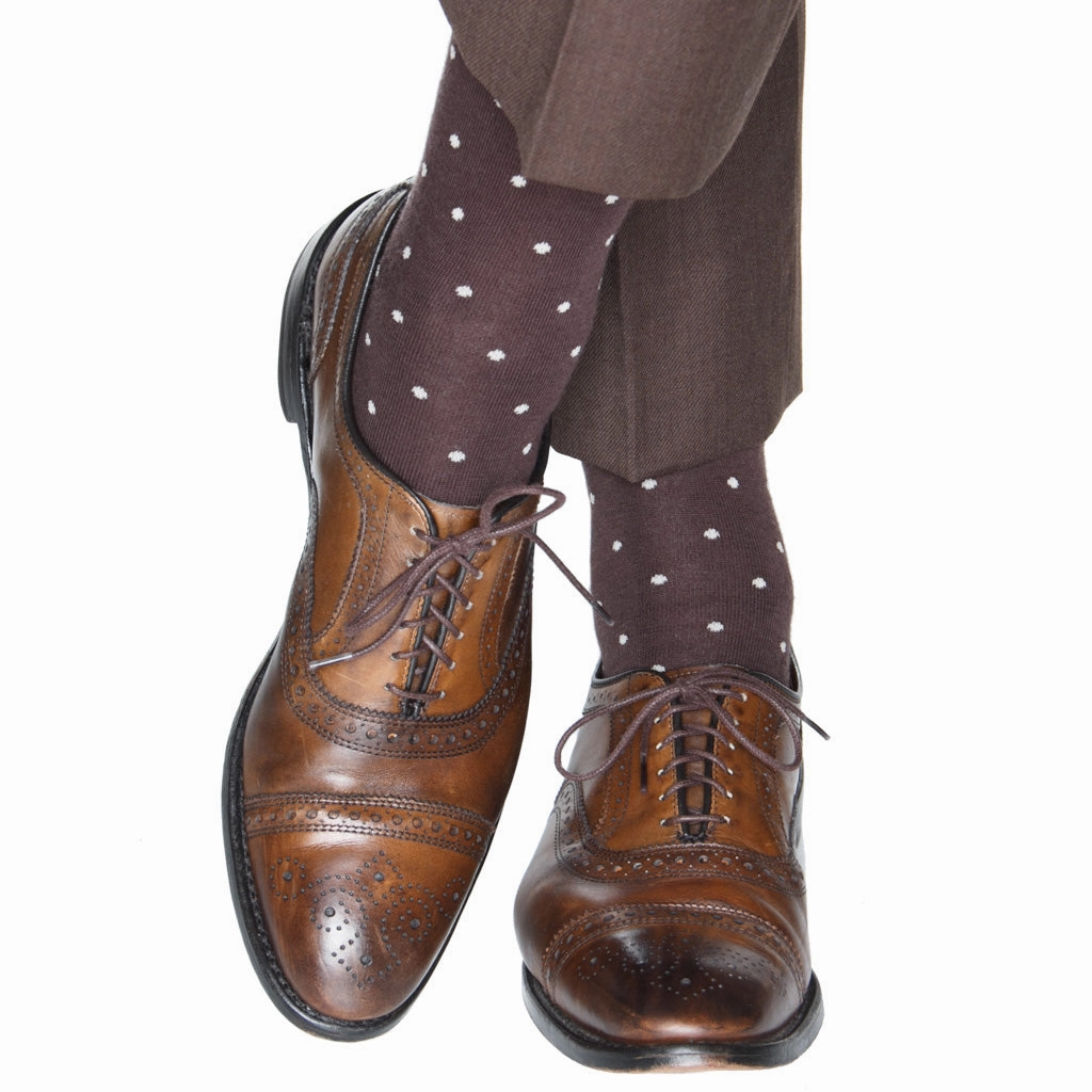Coffee Brown with Tan Polka Dot Sock Fine Merino Wool Linked Toe Mid-Calf