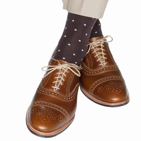 Coffee Brown with Tan Polka Dot Sock Fine Merino Wool Linked Toe Mid-Calf