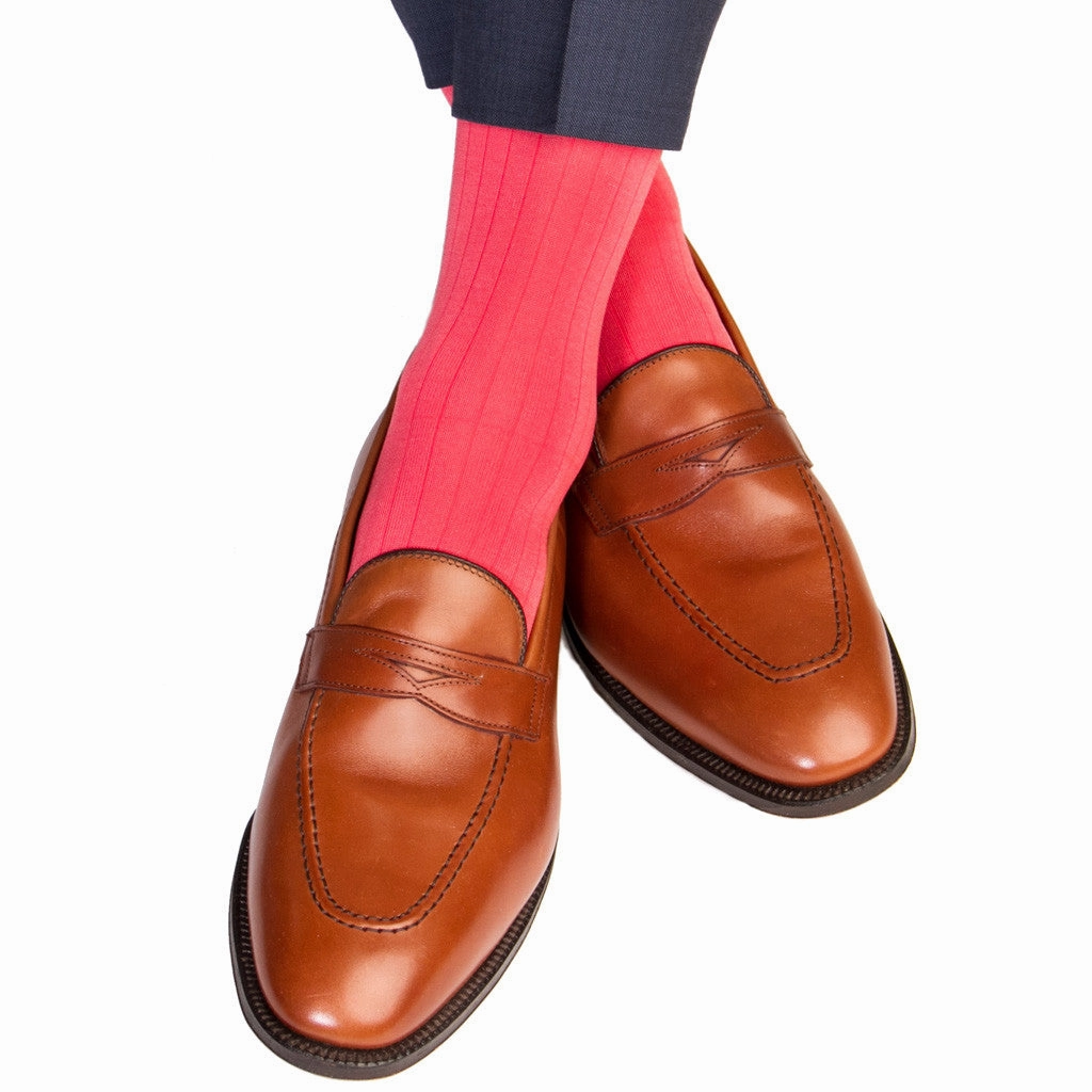 Coral Solid Ribbed Cotton Sock Linked Toe Mid-Calf