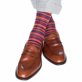 Dress Navy, Burnt Orange, Grape, and Burgundy Variegated Stripe Fine Merino Wool Sock Linked Toe Mid-Calf