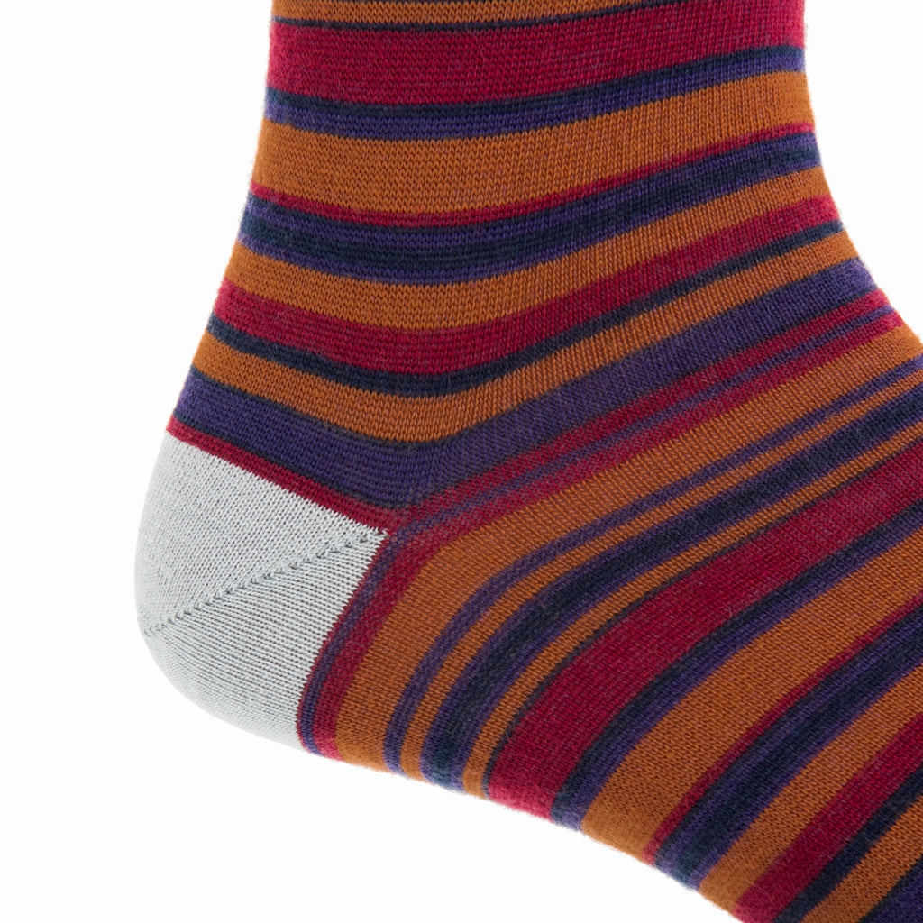 Dress Navy, Burnt Orange, Grape, and Burgundy Variegated Stripe Fine Merino Wool Sock Linked Toe Mid-Calf