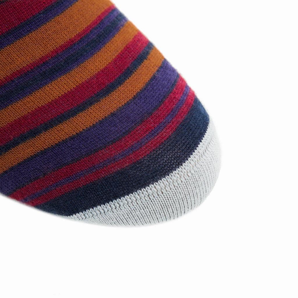 Dress Navy, Burnt Orange, Grape, and Burgundy Variegated Stripe Fine Merino Wool Sock Linked Toe Mid-Calf
