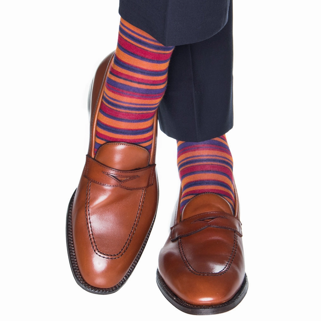 Dress Navy, Burnt Orange, Grape, and Burgundy Variegated Stripe Fine Merino Wool Sock Linked Toe Mid-Calf
