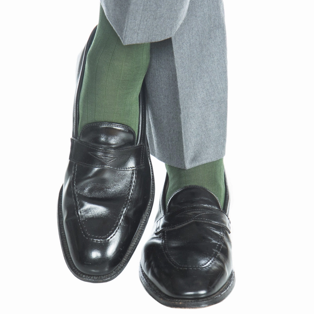 Forest Green Ribbed Cotton Sock Linked Toe Mid-Calf