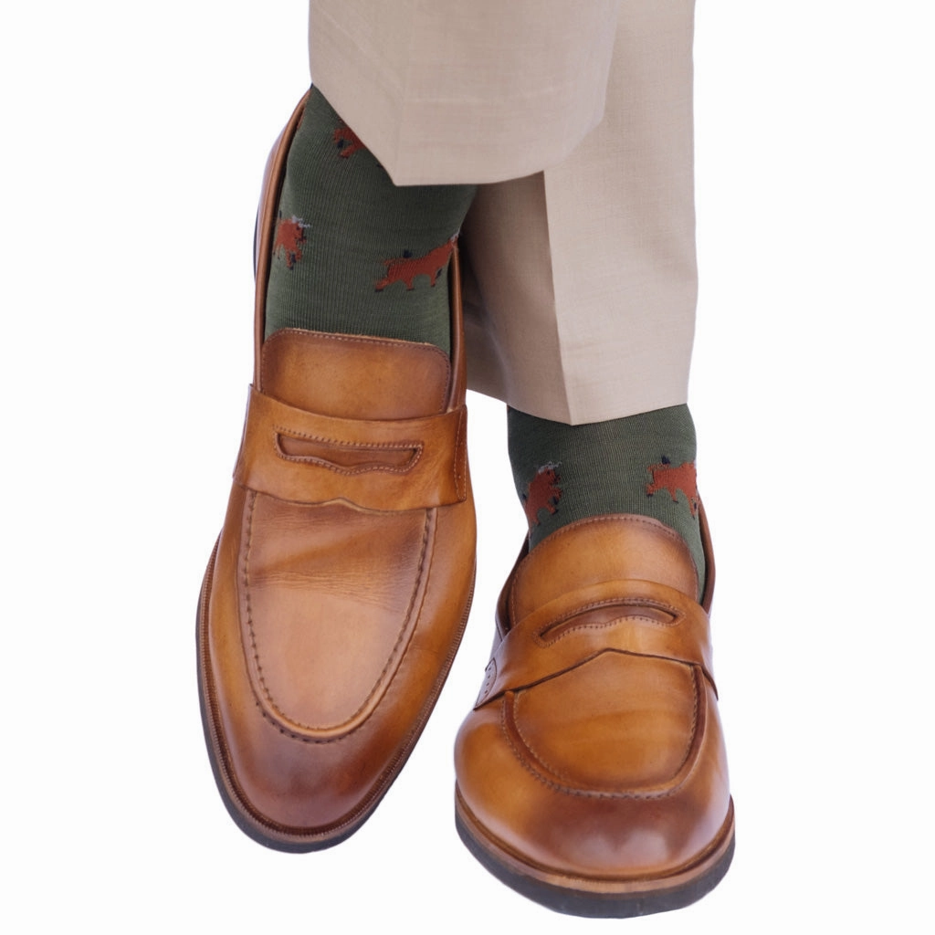 Forest Green with Whiskey, Gray and Black Bull Cotton Sock Linked Toe Mid-Calf