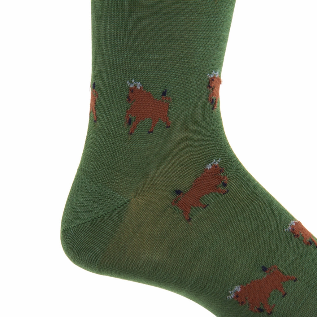 Forest Green with Whiskey, Gray and Black Bull Cotton Sock Linked Toe Mid-Calf