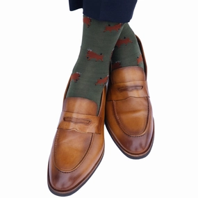 Forest Green with Whiskey, Gray and Black Bull Cotton Sock Linked Toe Mid-Calf