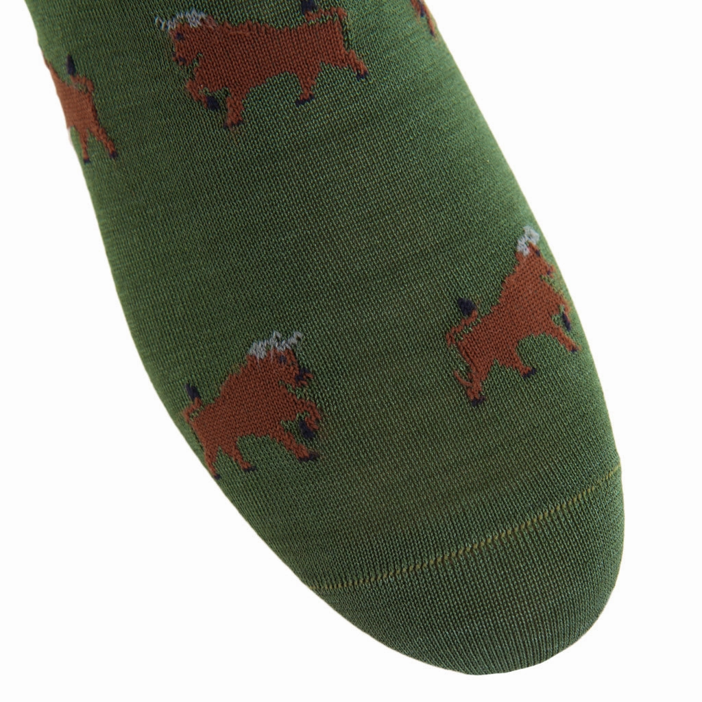Forest Green with Whiskey, Gray and Black Bull Cotton Sock Linked Toe Mid-Calf