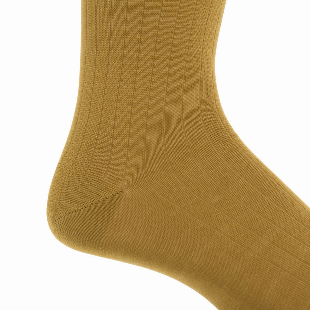 Gold Solid Ribbed Cotton Sock Linked Toe Mid-Calf