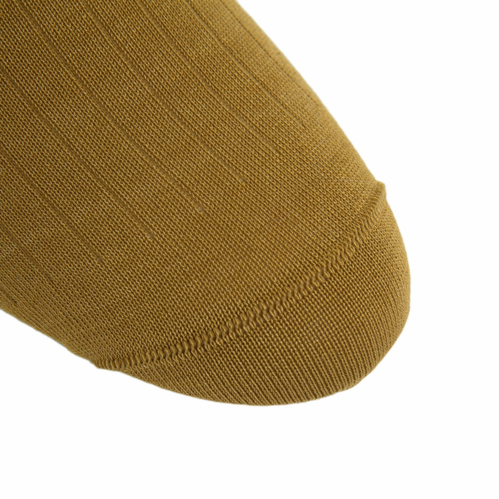 Gold Solid Ribbed Cotton Sock Linked Toe Mid-Calf