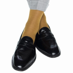 Gold Solid Ribbed Cotton Sock Linked Toe Mid-Calf