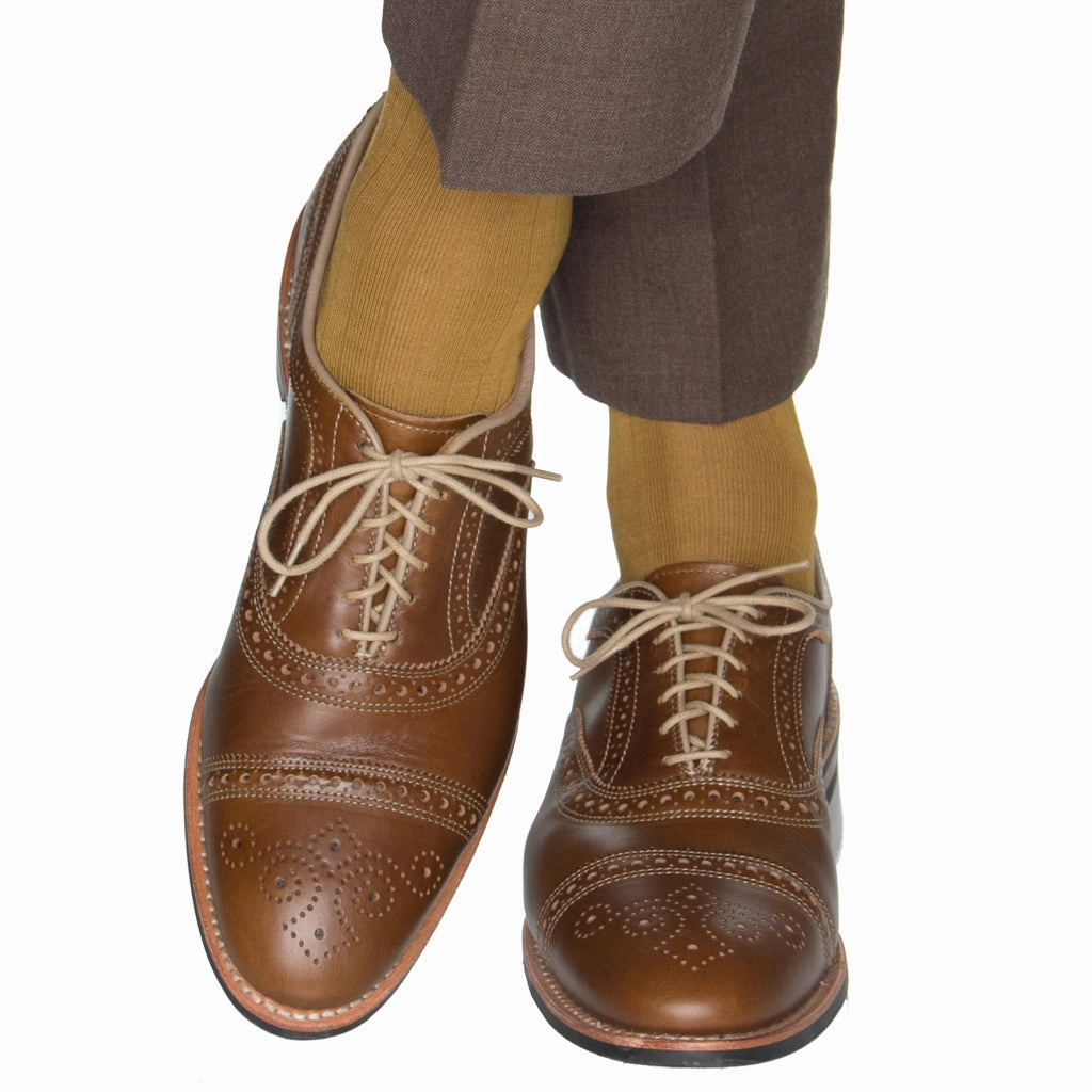 Gold Solid Ribbed Cotton Sock Linked Toe Mid-Calf