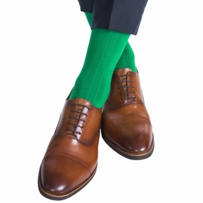 Green Solid Ribbed Cotton Sock Linked Toe Mid-Calf