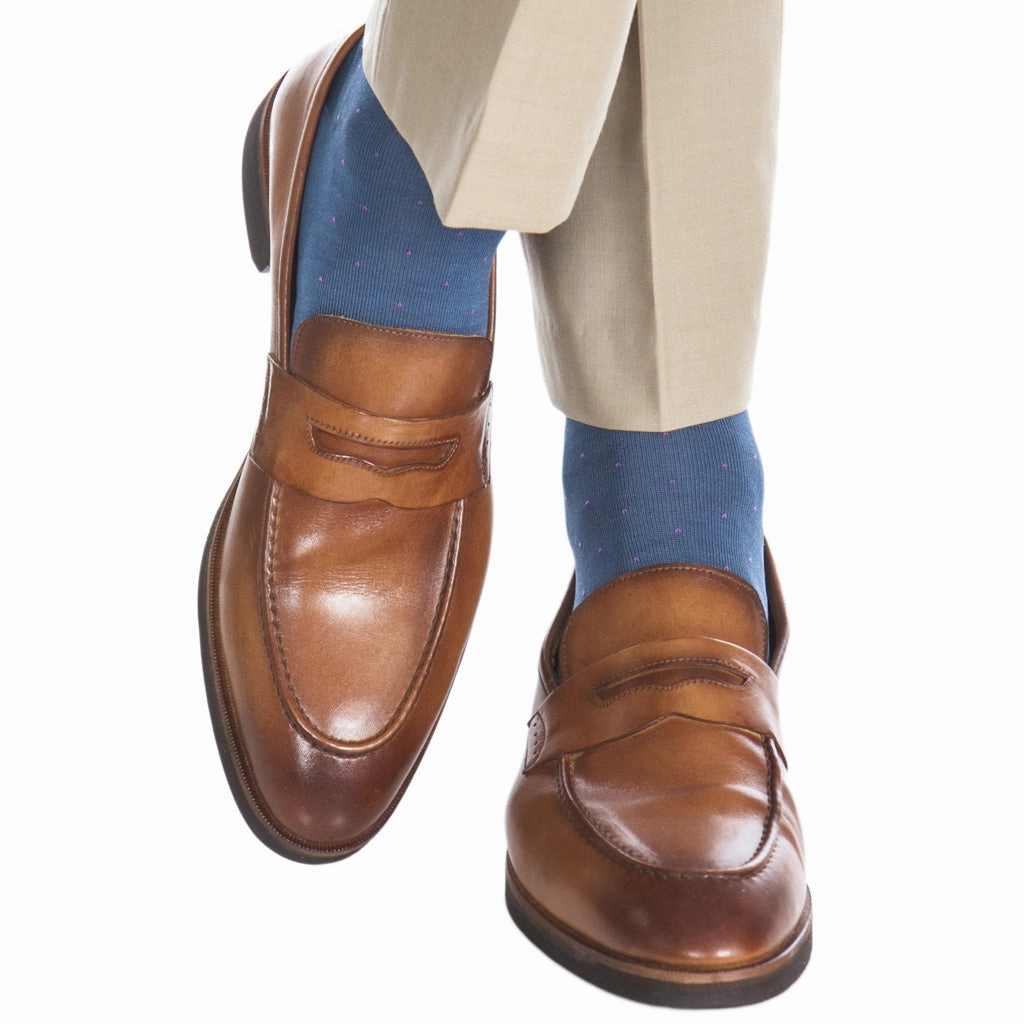 Indigo Blue with Rose Pin Dot Cotton Sock Linked Toe Mid-calf
