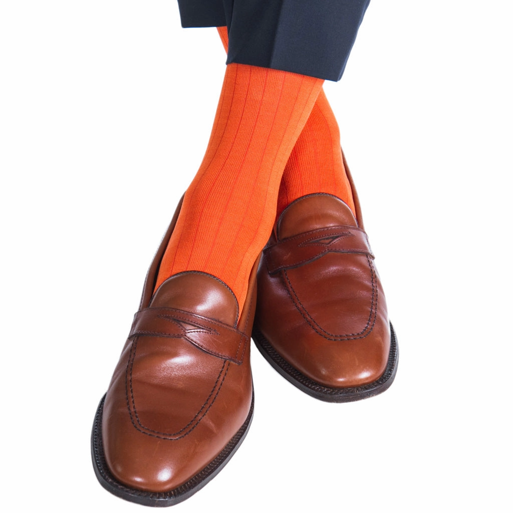 Red Orange Solid Ribbed Cotton Sock Linked Toe OTC