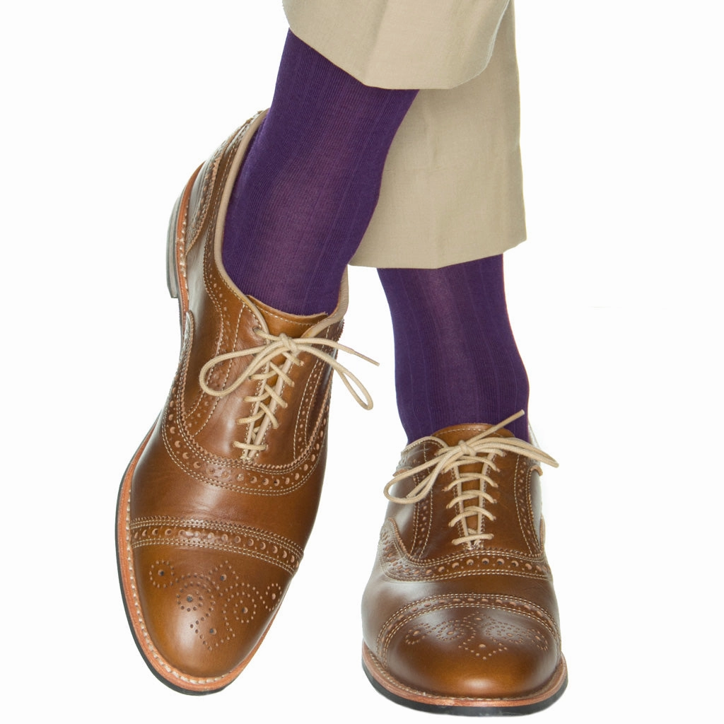 Royal Purple Solid Ribbed Cotton Sock Linked Toe Mid-Calf