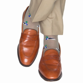 Taupe with Marine Green, Saffron, Clematis Blue, Cream and Black Decoy Fine Merino Wool Sock Linked Toe OTC