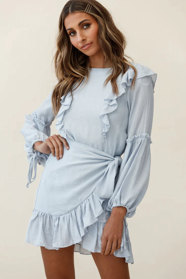 Tila Long Balloon Sleeve Wrap Front Dress Grey
