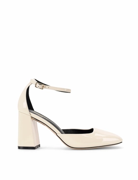 Travis Closed Toe Block Heels - Chalk White Patent Leather